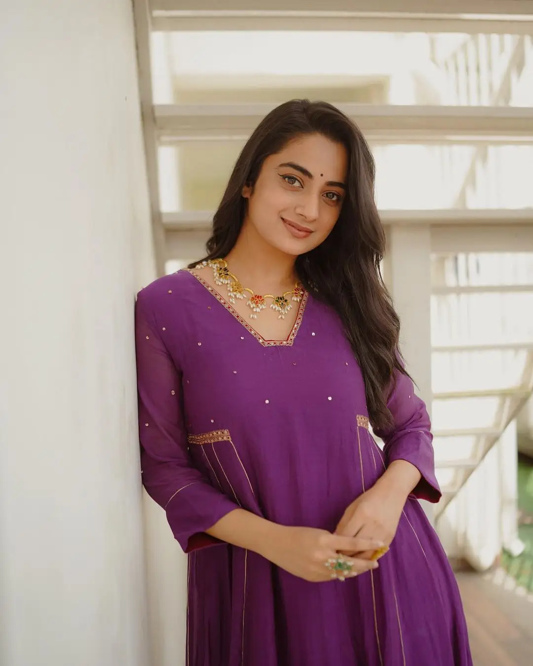 Namitha Pramod Wearing Beautiful Earring Jewellery Violet Dress